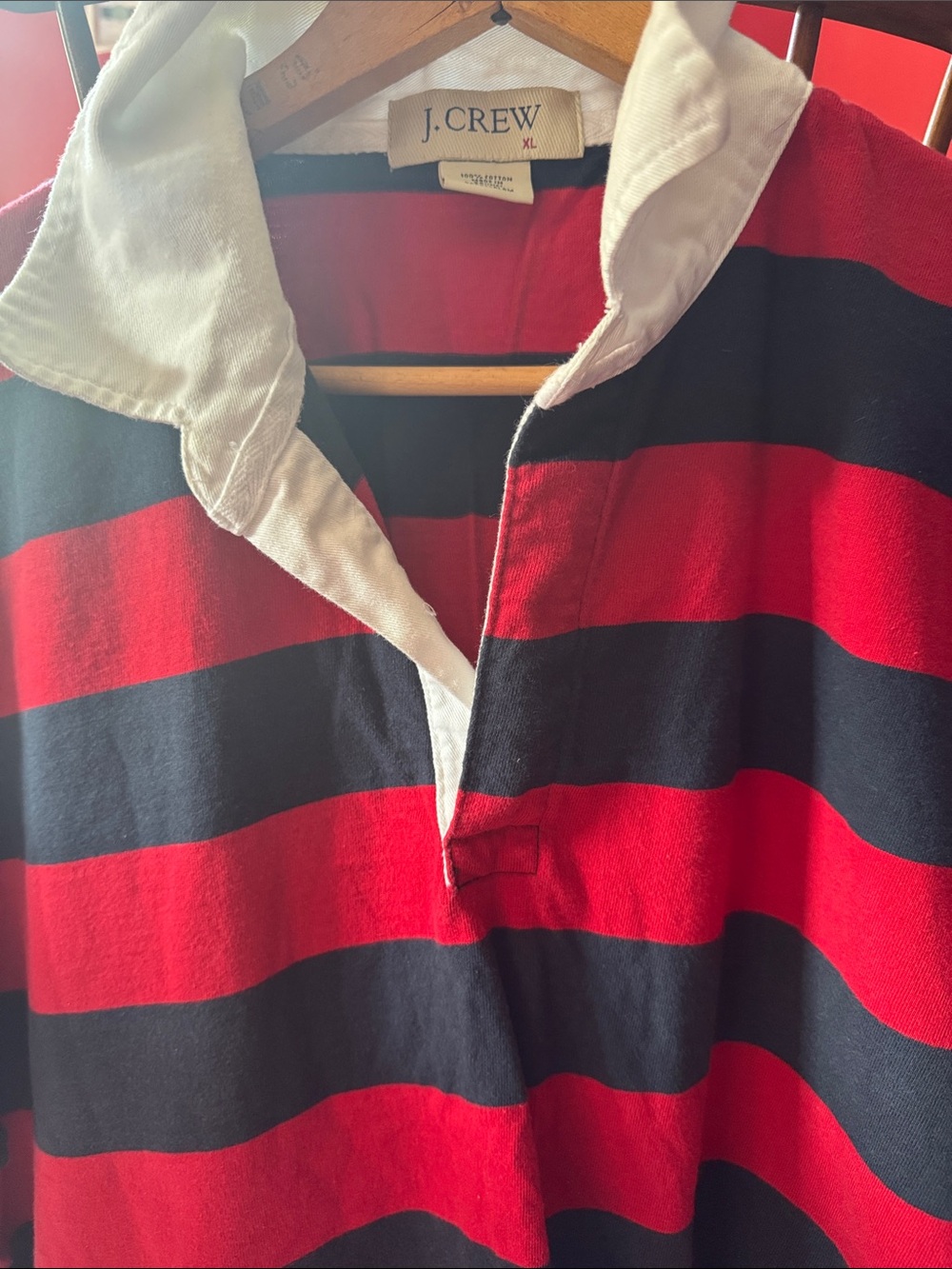 J. Crew Red and Black Striped Rugby Polo with White Collar